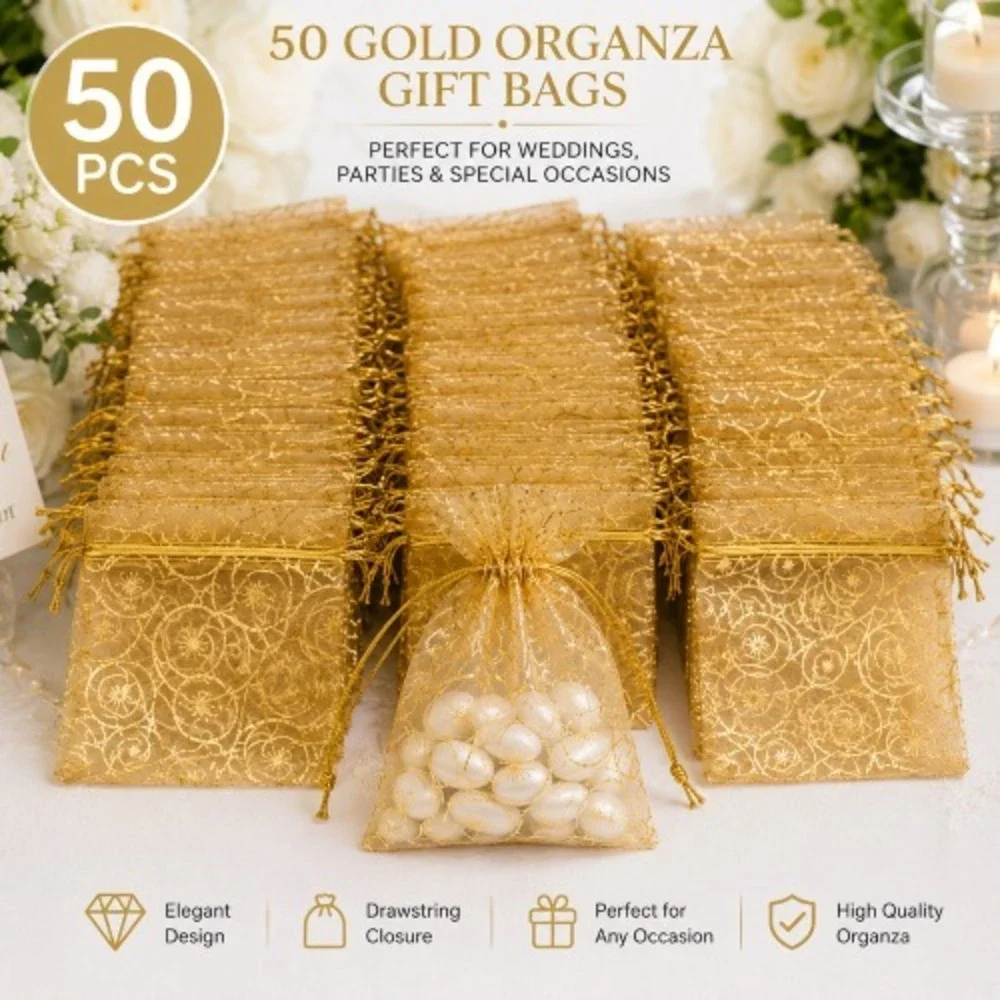 50PCS Gold Organza Gift Bags Drawstring Favor Bags Wedding Jewelry Party 4x4.7